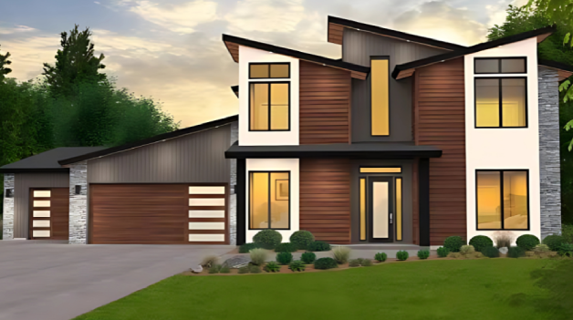 Modern two-story house at sunset