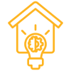Innovation Solutions Icon of a house with a glowing light bulb at the center resembling a brain