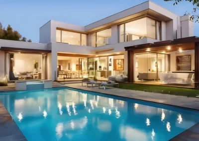 Modern two-story house with large windows, lit warmly at dusk